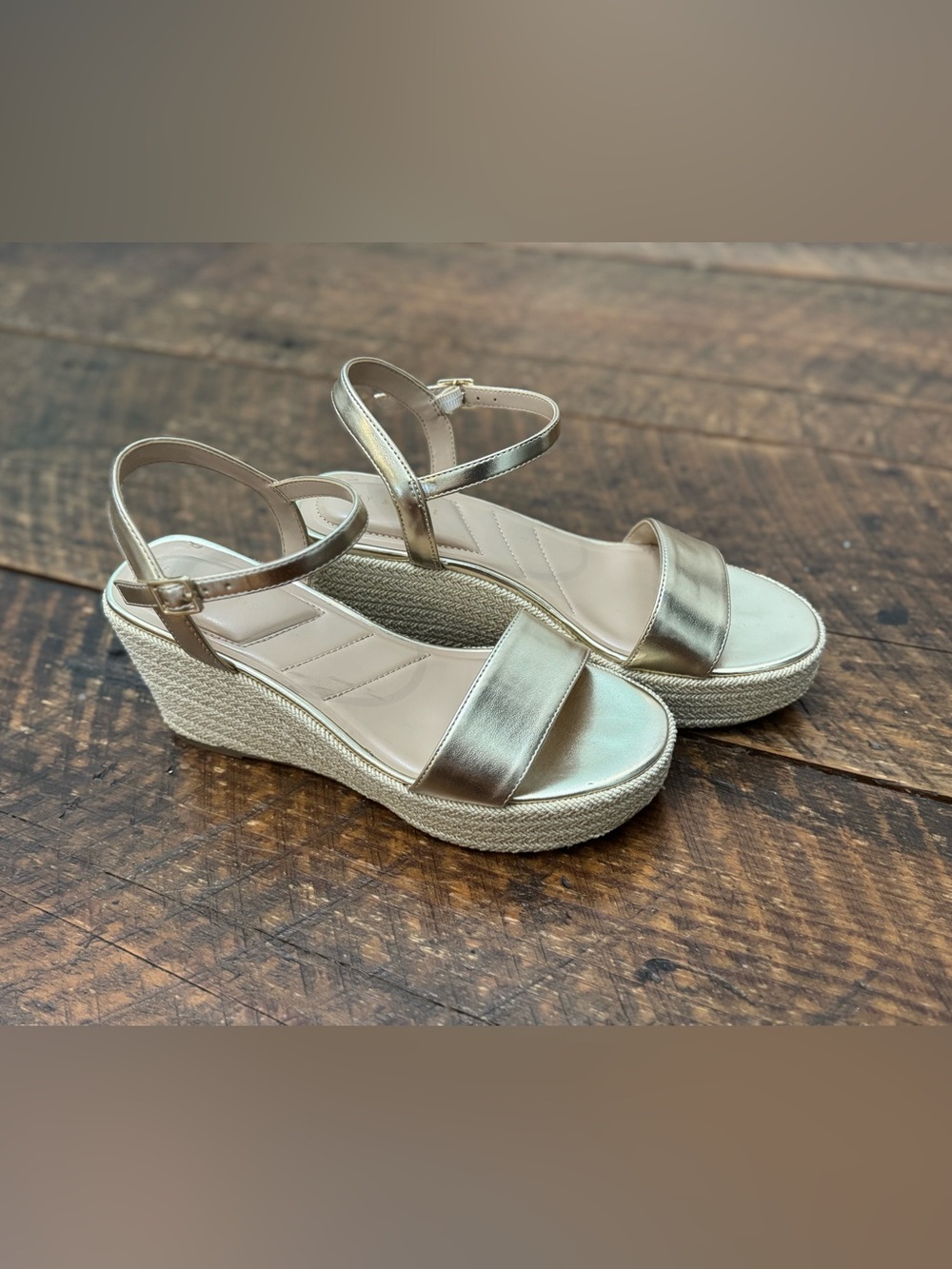 Kelly & Katie Metallic Gold Wedge Sandals with Ankle Strap Size 7.5